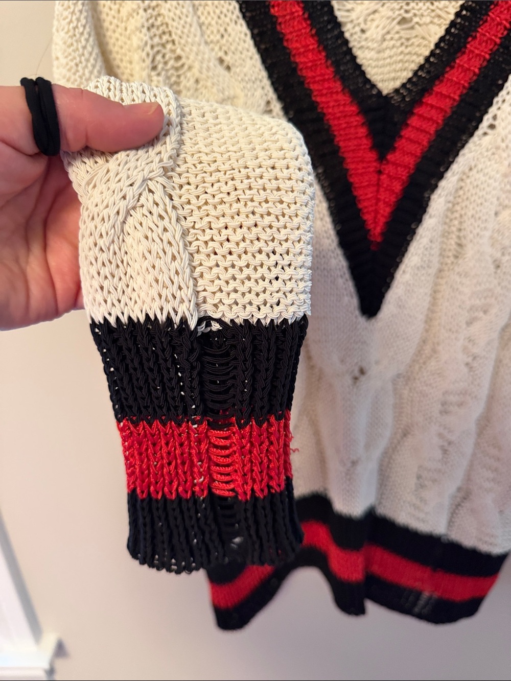 Rag & Bone Cable Knit V-Neck Sweater with Red & Black Trim - Picture 4 of 5